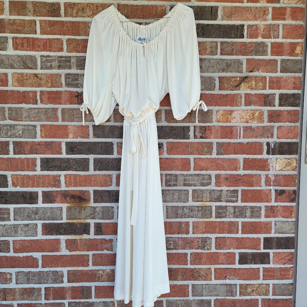 Vintage Act 1 Short Peasant Sleeve Cream Elastic Waist Dress With Tie Size 9-10